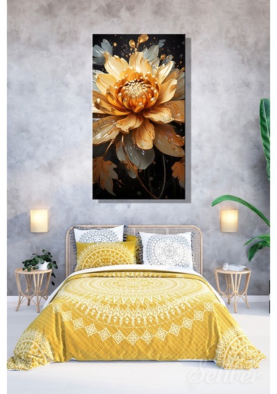 Panoramik Dikey Kanvas Tablo Tekli Salon Mutfak Yatak Odası Ofis Gold Efekt Lotus Nilüfer Çiçek 1233 Çok Renkli