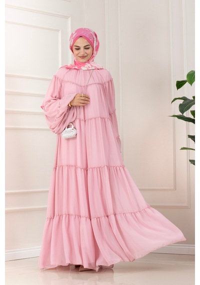 Sevitli Robalı Manolya Şifon Elbise-pembe-5786