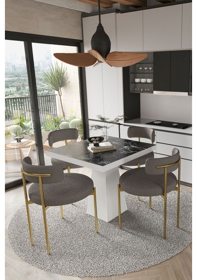 Avvio Arona Beyaz Lake Mdf Ayak 90x90 Yemek Masası Mutfak Masası 4 Kişilik Masa Takımı Teddy Sandalye Siyah Mermer Avvio0046
