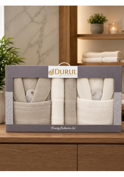 Durul Armina %100 Pamuk 8 Parça Aile Bornoz Seti Bej