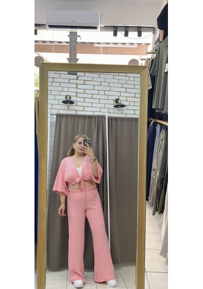 Tuba Toptaş Bağlamalı Gofre Bluz Pembe