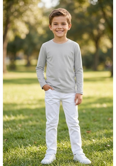 Kiagu Erkek Çocuk Uzun Kollu Basic Düz Tişört %100 Pamuk Bisiklet Yaka T-shirt 2-13 Yaş Gri