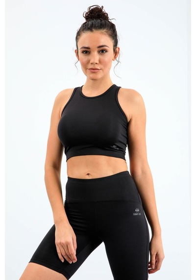 Tommylife Siyah Yüksek Bel Toparlayıcı Dar Kalıp Crop Biker Kadın Tayt Takım - 95302