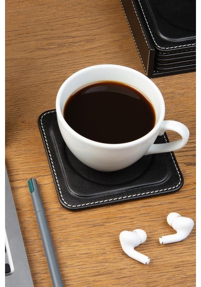 Bardak Altlığı,6'li Set,masaüstü Yuvarlak Cup Coaster,vegan Suni Deri,11x11 Cm.,siyah Diğer