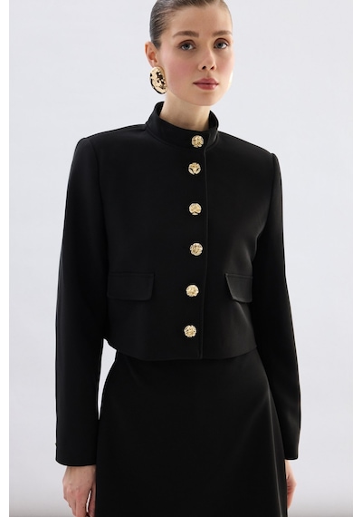 Sateen Düğmeli Kısa Ceket - Siyah-136774 Siyah