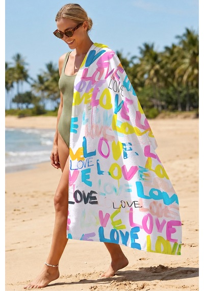 Love Yazı Temalı Renkli Plaj Havlusu - Modern Pop Art Beyaz Zemin Hızlı Kuruyan Mikrofiber Havlu Donuk Kıyısı