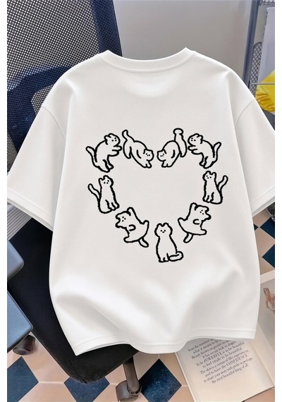 Kedi Kalp Desenli Oversize/rahat Kesim Kısa Kollu T-shirt Beyaz