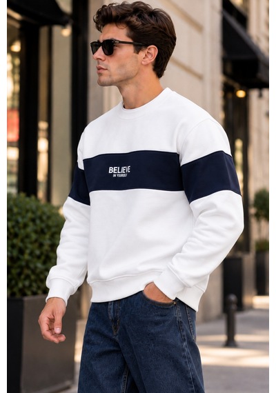 Tarz Cool Erkek Şerit Detaylı Believe Baskılı 3 İplik Şardonlu Bisiklet Yaka Sweatshirt Beyaz