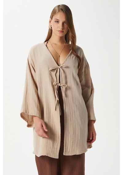 Ritnice Kadın Sandra %100 Pamuk Müslin Bağcıklı Bej Kimono Bej