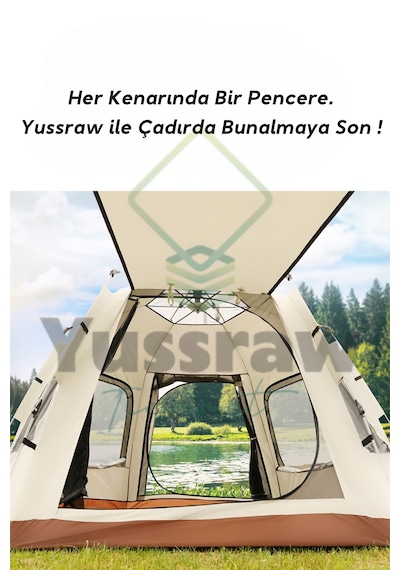 4-8 Kişi 6 Gen Kamp Çadırı Taşınabilir Otomatik Çadır Güneşlik Kamp Hızlı Açık Çadır 280 280 158 Bej