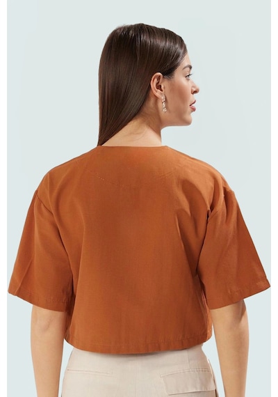 Ersefa Önden Bağcıklı Crop Bluz V Yaka Dokuma Terrycotton Kumaş Rahat Gü Kahverengi