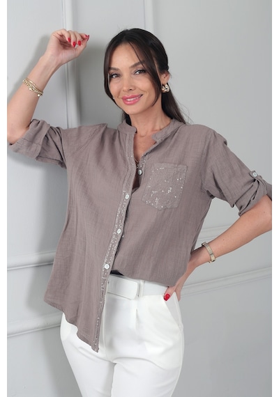 By Saygı Kadın Pul Detaylı Tek Cepli Oversize İthal Keten Gömlek Vizon