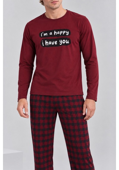 Pijamask Erkek Bordo Baskılı Uzun Kollu Kırmızı Siyah Ekose Pantolonlu Pijama Takımı Bordo Pijamask Erkek Bordo Baskılı Uzun Kollu Kırmızı Siyah Ekose Pantolonlu Pijama Takımı Bordo