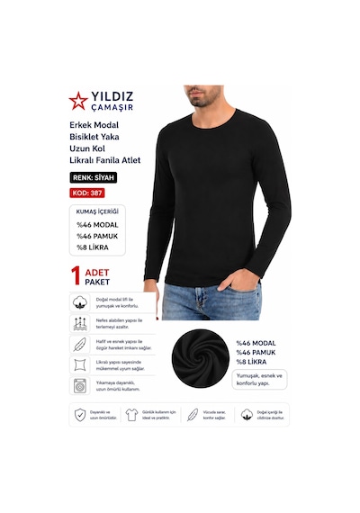 Yıldız Çamaşır Erkek Modal Bisiklet Yaka Uzun Kol Likralı Fanila Atlet 385-386-387 - 1 Adet Siyah Yıldız Çamaşır Erkek Modal Bisiklet Yaka Uzun Kol Likralı Fanila Atlet 385-386-387 - 1 Adet Siyah