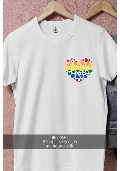Oversize Heart İn Lgbt Colors Cep Tasarımlı Unisex T-shirt Beyaz