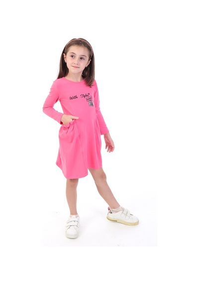Toontoy Kız Çocuk Baskılı Relax Fit Bisiklet Yaka Uzun Kollu Cepli Elbise - Fuşya