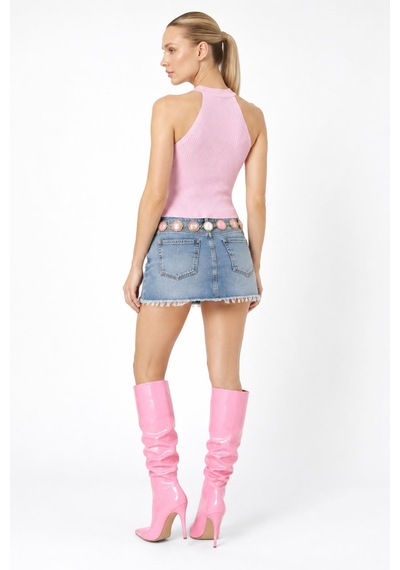 Neden Tekstil Kadın Taşlı Fitilli Halter Yaka Crop Bluz - Açık Pembe