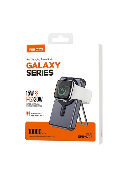 Recci Rpb-w23 15w 10000mah Pd 20w Standlı Type-c Ve Lightning Kablolu Magsafe Powerbank Siyah