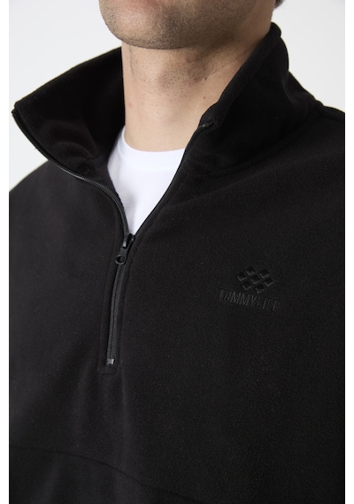 Tommy Life Siyah Yarım Fermuarlı Sweatshirt Slim Fit Dik Yaka Erkek Polar - 87891 Siyah