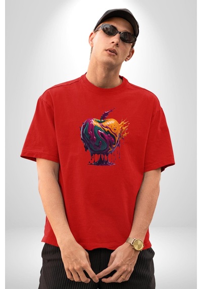 Yağlı Boya Elma Pamuklu Bisiklet Yaka Unisex Oversize Boyfriend Dijital Baskılı Kırmızı T-shirt Kırmızı