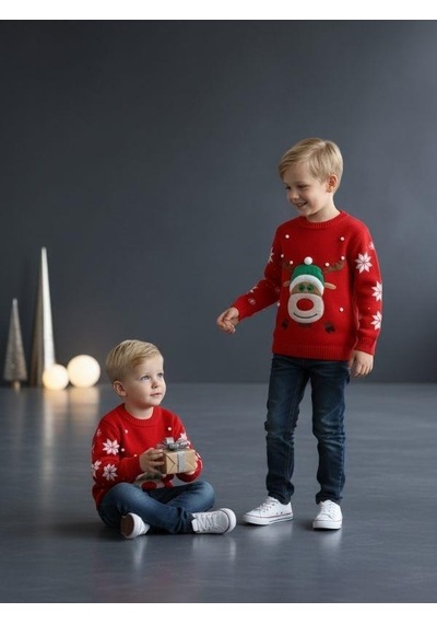 Zekids Çocuk Yılbaşı Temalı Geyikli Kırmızı Kazak-16583 Kırmızı Yeşil