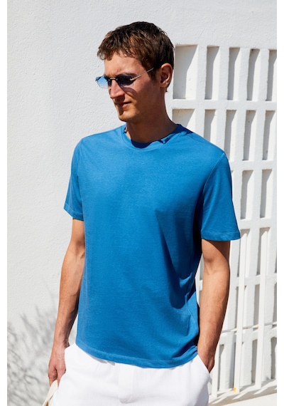 Grimelange Mocassın Erkek %100 Pamuk Relaxed Fit Yuvarlak Yaka Kısa Kollu Mavi T-shirt