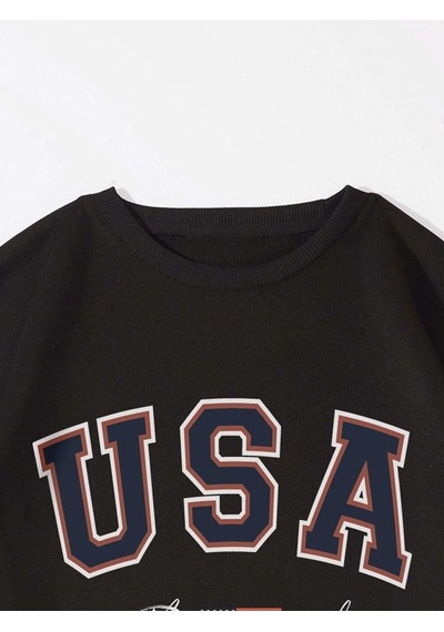 Unisex Oversize Siyah The Usa Baskılı Bisiklet Yaka Sweatshirt Koyu Siyah