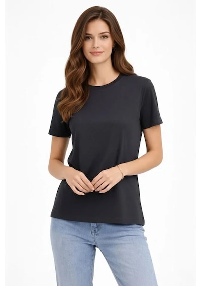 De'charme Bisiklet Yaka Tişört Regular Kalıp Basic Pamuklu Günlük Kullanım T-shirt - Füme
