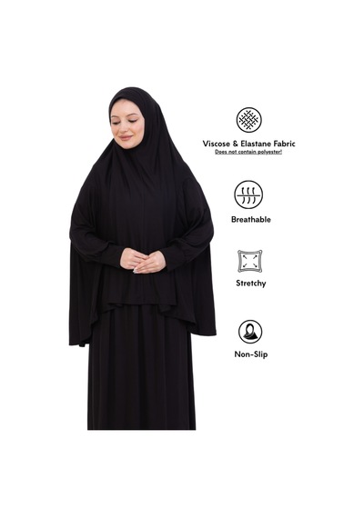Modish Group İki Parça Namaz Elbisesi Uzun Pamuklu Tesettür Giyim Abaya & Başörtüsü Set Siyah