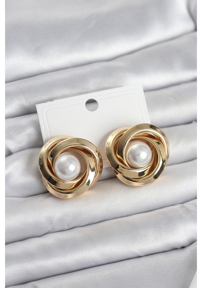 Pirinç Gold Renk Sarmal Model İncili Kadın Küpe Çok Renkli
