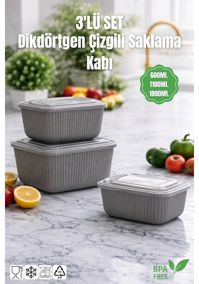3'lü Set Dikdörtgen Çizgili Mikrodalga Ve Difrize Uygun Saklama Kabı -600/1100/1800ml. Antrasit