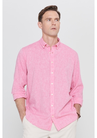 AC&Co / Altınyıldız Classics Erkek FUSYA Comfort Fit Rahat Kesim Düğmeli Yaka Casual Keten Gömlek Fuşya