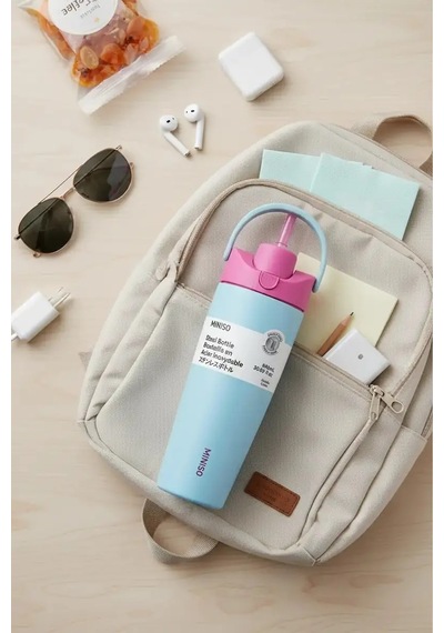 Miniso Lisanslı Pipetli Paslanmaz Çelik Bardak 890 Ml Tutamaklı Çok Renkli