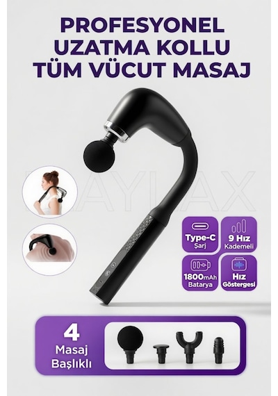 Masaj Tabancası Uzatmalı Sarjlı Derin Doku Boyun Ve Omuz Sırt Bel Uzatılmış Sap Masaj 4 Başlık Ve 3 Mod