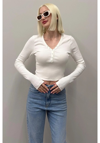 Madmext Beyaz V Yaka Uzun Kollu Düğme Detaylı Kaşkorse Bodysuit Mg2194 Beyaz
