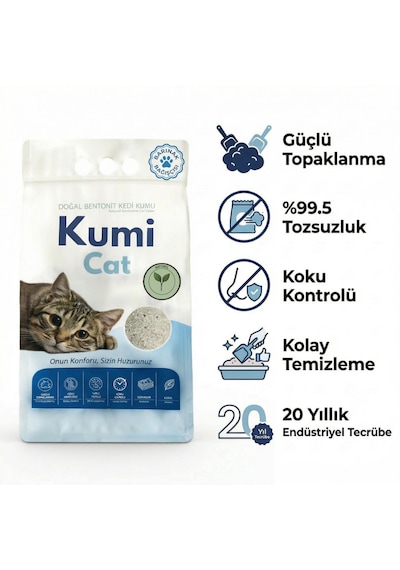 Kumi Cat Eko-premium Saf Dokunuş Kokusuz Naturel Kedi Kumu, Alerji Dostu Güçlü Topaklanan Bentonit 5 L