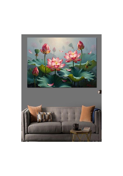Suyun Üzerinde Açmış Pembe Nilüferler Yağlı Boya Dokulu Kanvas Tablo Canvas Tablosu