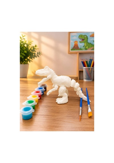 3d Trex Dinazor Figür Boyama Seti 17 Cm - Kendin Boya Hobi Ve Etkinlik Seti - Akrilik Boya + 2 Fırça