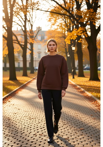 Benerly Kadın Bisiklet Yaka Düşük Kol Regular Kalıp Örme Sweatshirt Fonks Kahverengi