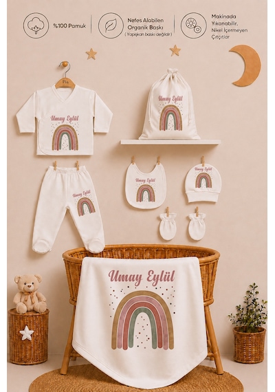 Pia Baby Kişiye Özel %100 Pamuk Kız Bebek Hastane Çıkışı Zıbın Seti 8 Parça Kese Hediyeli 1107zybk0x Krem