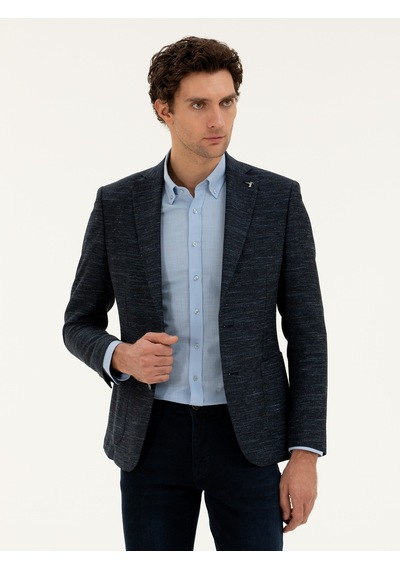 Cacharel Lacivert Slim Fit Yün Keten Karışımlı Ceket