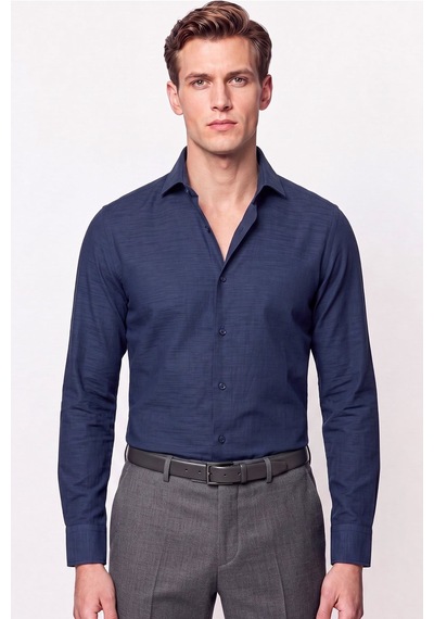 Slim Fit İtalyan Yaka Lacivert Gömlek G 1610