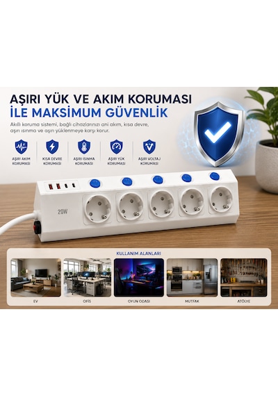 5'li Akım Korumalı Çoklu Priz 2 Metre Kablolu 3680w 16a 5 Bağımsız Anahtarlı 2 Usb-a 2 Usb-c Pd 20w Hızlı Şarj Destekli 2 m