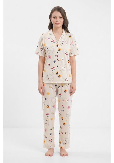 Hepsine Rakip Kadın Düğmeli Kısa Kollu Uzun Alt Pijama Takımı Ayıcık Desenli 7515 Krem
