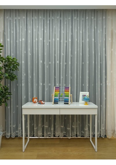 Yelkenli Çapa Desenli Çocuk Odası Tül Perde, 100x250, Seyrek Pile, 1/2 Genel