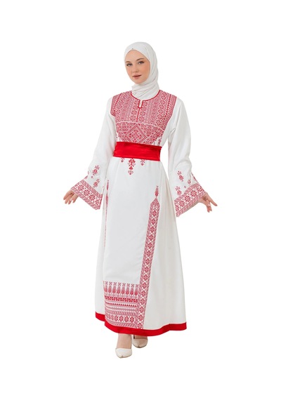 Zaytoon Filistin Nakışlı Modern Beyaz Kaftan Elbise - Geleneksel Şıklık Kırmızı