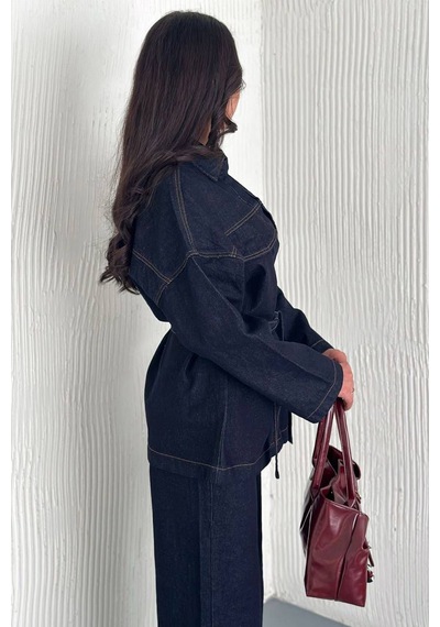 Kadın Kuşaklı Denim Pantolon & Ceket Takımı Modern & Güçlü Siluet Lacivert