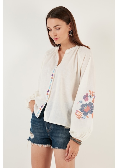 Lela Nakışlı Pamuklu Regular Fit Balon Kol Yazlık Bayan Gömlek 611Bz0173 Beyaz