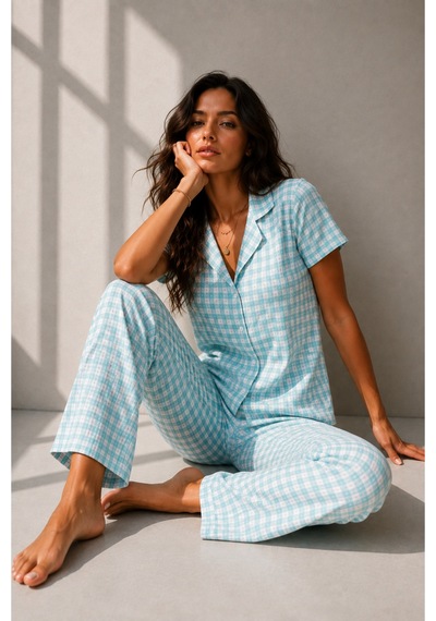 Kadın Klasik Doğal Düğme Gece Su Yeşili Pijama Takımı