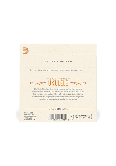 D'addario Ej87b Ukulele Tel Seti, Baritone, Titanium, Warm Bright